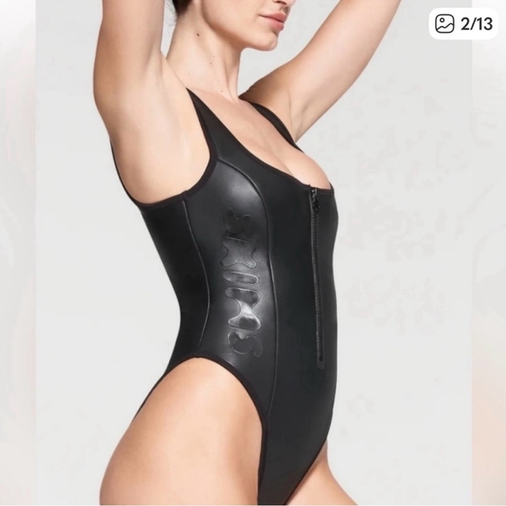 SKIMS Onyx Black Rubberized Scuba Scoop-Neck One-Piece